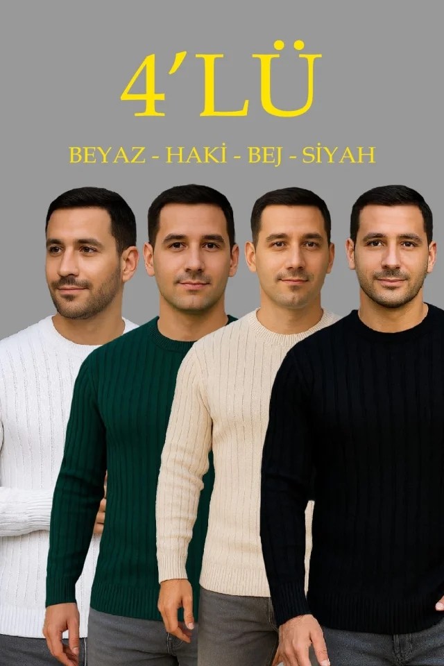 Erkek Fitilli Triko Kazak 4’lü Set, Beyaz, Haki, Bej, Siyahkalın Dokuma Pamuklu Regular Fit Bisiklet Yaka Uzun Kollu Kışlık ve Baharlık Rahat Triko Kombini
