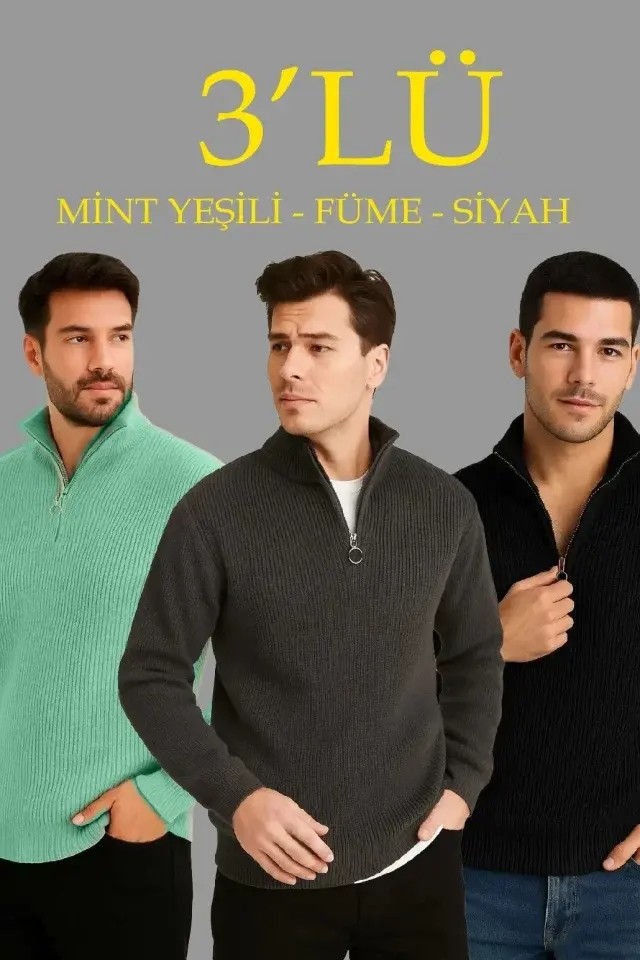 Erkek Fitilli Triko Kazak 3’lü Set, Mint Yeşili, Siyah, Füme Kalın Dokuma Pamuklu Regular Fit V Yaka Fermuarlı Uzun Kollu Rahat Kışlık Kazak Kombini