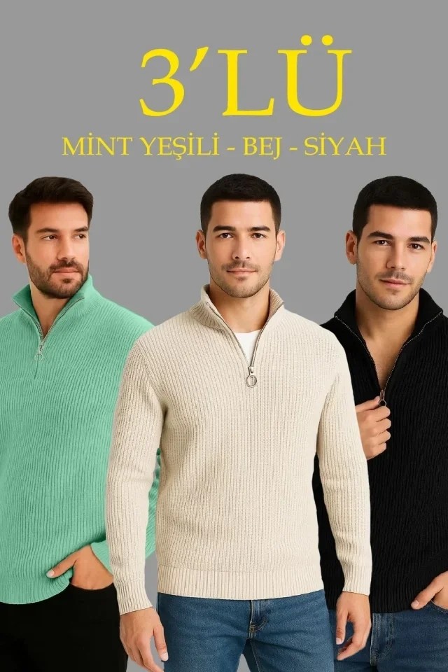 Erkek Fitilli Triko Kazak 3’lü Set, Mint Yeşili, Siyah, Bej Kalın Dokuma Pamuklu Regular Fit V Yaka Fermuarlı Uzun Kollu Rahat Kışlık Kazak Kombini