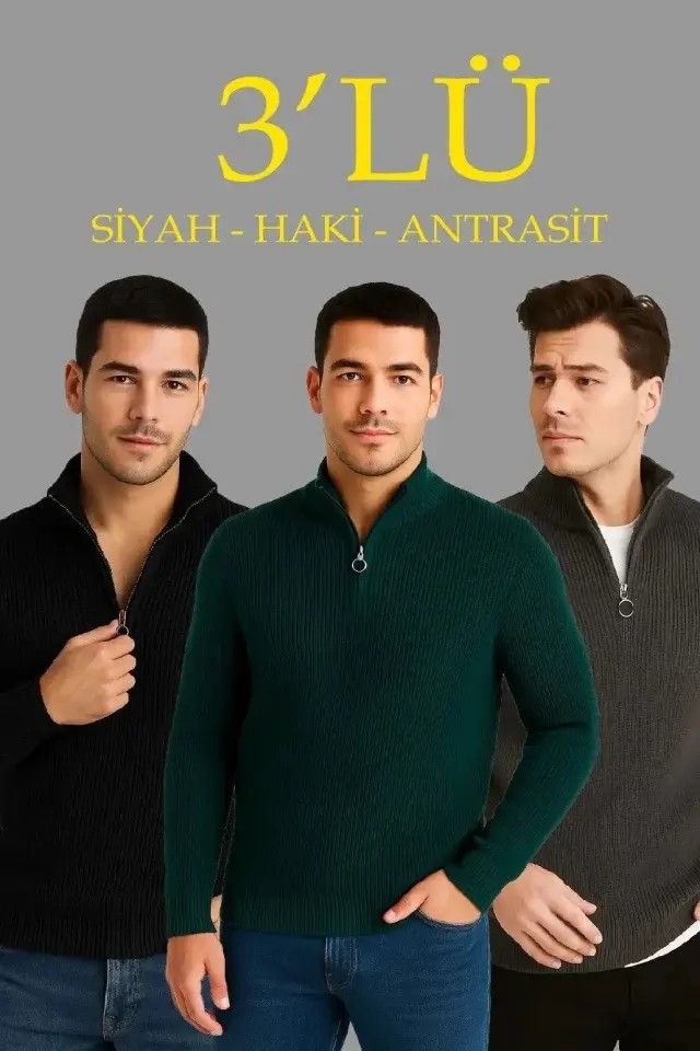 Erkek Fitilli Triko Kazak 3’lü Set, Haki, Siyah, Antrasit Kalın Dokuma Pamuklu Regular Fit V Yaka Fermuarlı Uzun Kollu Rahat Kışlık Kazak Kombini