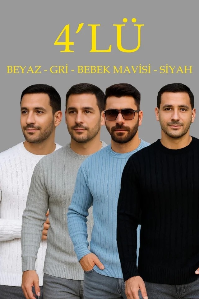 Erkek Fitilli Triko Kazak 4’lü Set, Beyaz, Bebek Mavisi, Gri, Siyahkalın Dokuma Pamuklu Regular Fit Bisiklet Yaka Uzun Kollu Kışlık ve Baharlık Rahat Triko Kombini