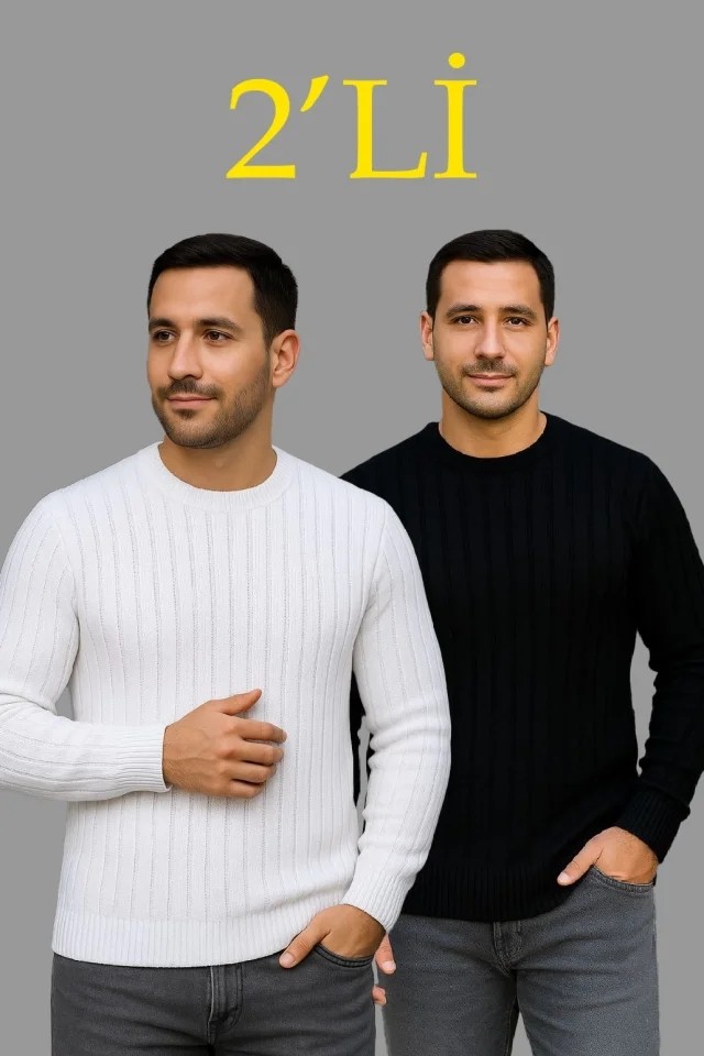 Erkek Fitilli Triko Kazak 2’li Set, Siyah - Beyaz, Kalın Dokuma Pamuklu Regular Fit Bisiklet Yaka Uzun Kollu Rahat Kışlık Kazak Kombini