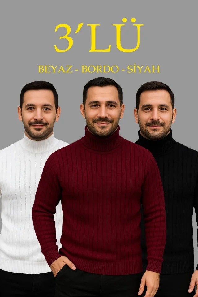 Erkek Fitilli Triko Kazak 3lü Set Beyaz Bordo Siyah Regular Balıkcı Yaka Tam Boğazlı Triko Seti Modeli Kazak