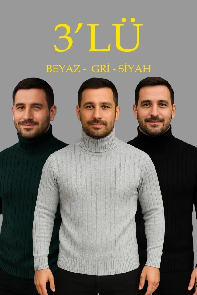 Erkek Fitilli Triko Kazak 3lü Set Gri Haki Siyah Regular Balıkcı Yaka Tam Boğazlı Triko Seti Modeli Kazak
