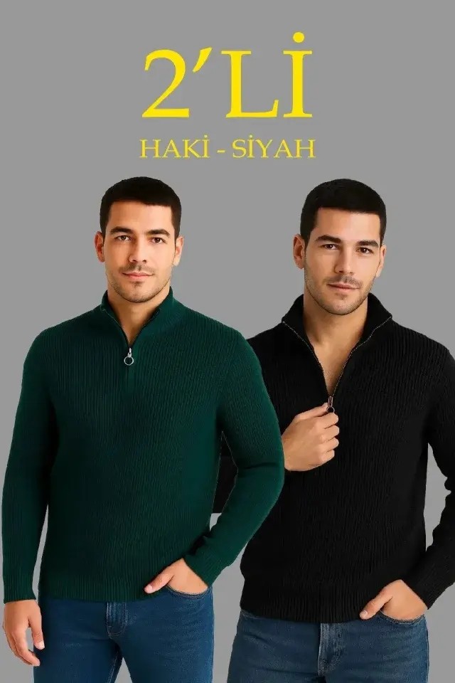 Erkek Fitilli Triko Kazak 2’li Set, Siyah - Haki Kalın Dokuma Pamuklu Regular Fit V Yaka Fermuarlı Uzun Kollu Rahat Kışlık Kazak Kombini