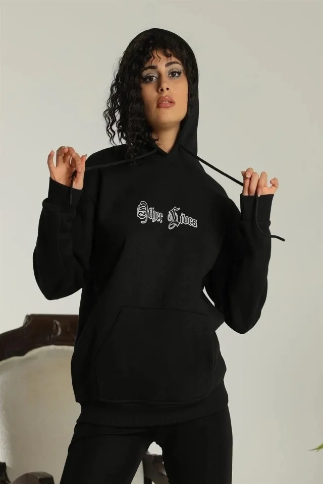Oversize Üç Iplik Kapüşonlu Sweatshirt, Siyah “other Lives” Ön ve Arka Baskılı, Şardonlu Kışlık, Rahat Günlük Model Siiyah