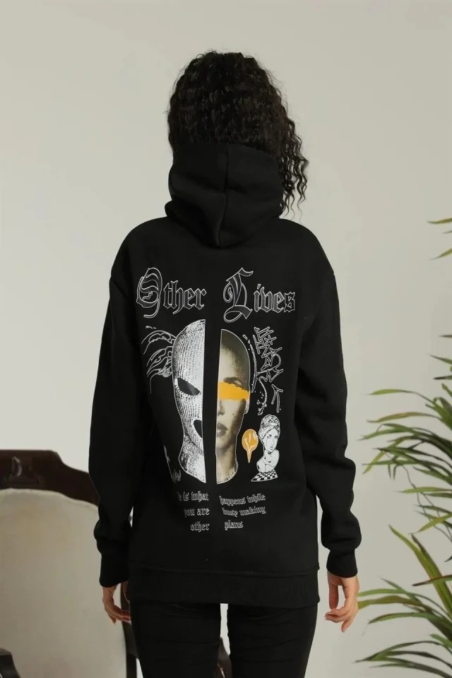 Oversize Üç Iplik Kapüşonlu Sweatshirt, Siyah “other Lives” Ön ve Arka Baskılı, Şardonlu Kışlık, Rahat Günlük Model Siiyah görsel 2