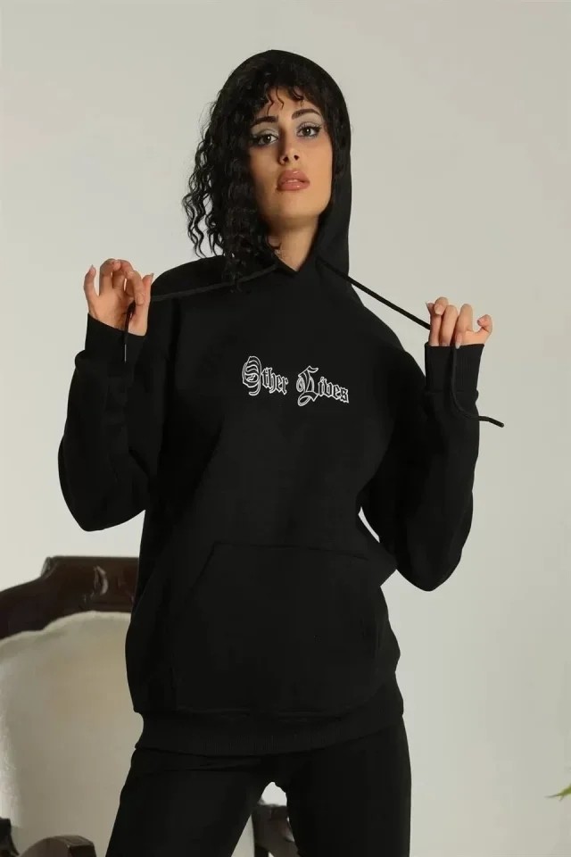 Sırt Baskılı Oversize Üç Iplik Kapüşonlu Sweatshirt - Siyah
