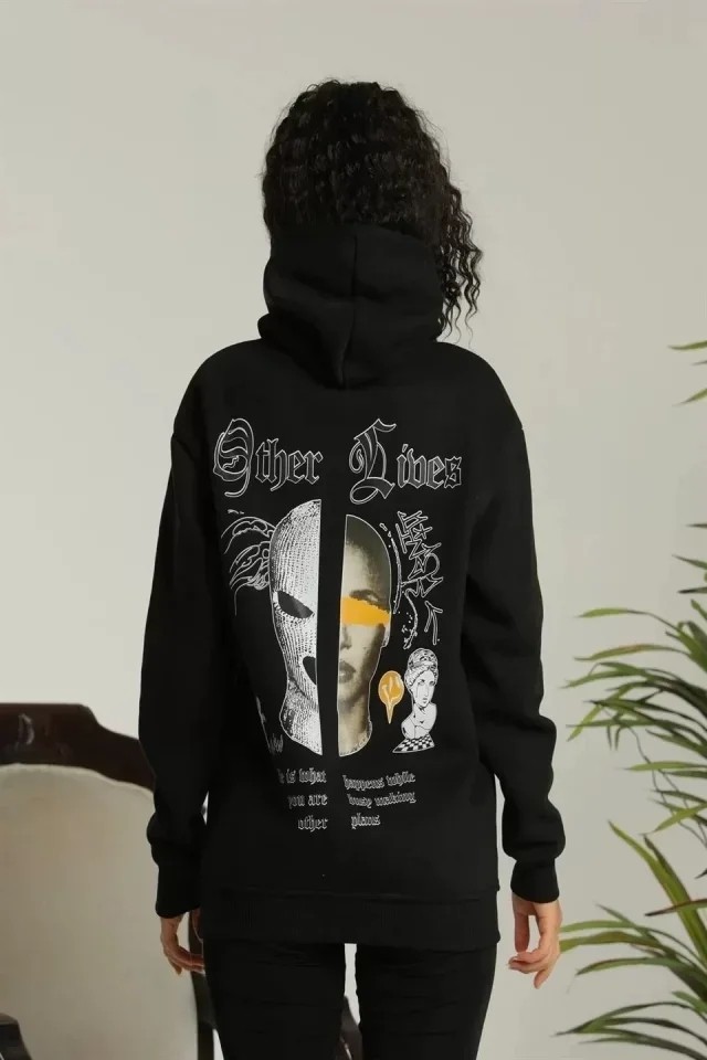 Sırt Baskılı Oversize Üç Iplik Kapüşonlu Sweatshirt - Siyah görsel 2