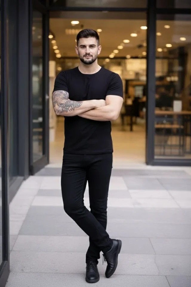 Erkek T-Shirt Bisiklet Yaka Slim Fit Dar Kesim Likralı Tişört Günlük Basic Body - Siyah görsel 3