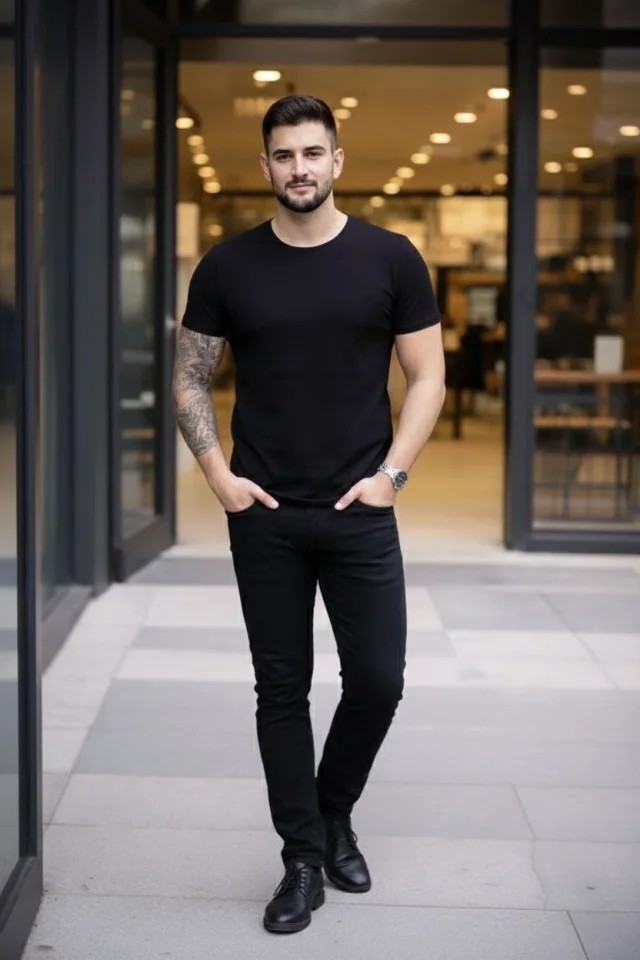 Erkek T-Shirt Bisiklet Yaka Slim Fit Dar Kesim Likralı Tişört Günlük Basic Body - Siyah görsel 4