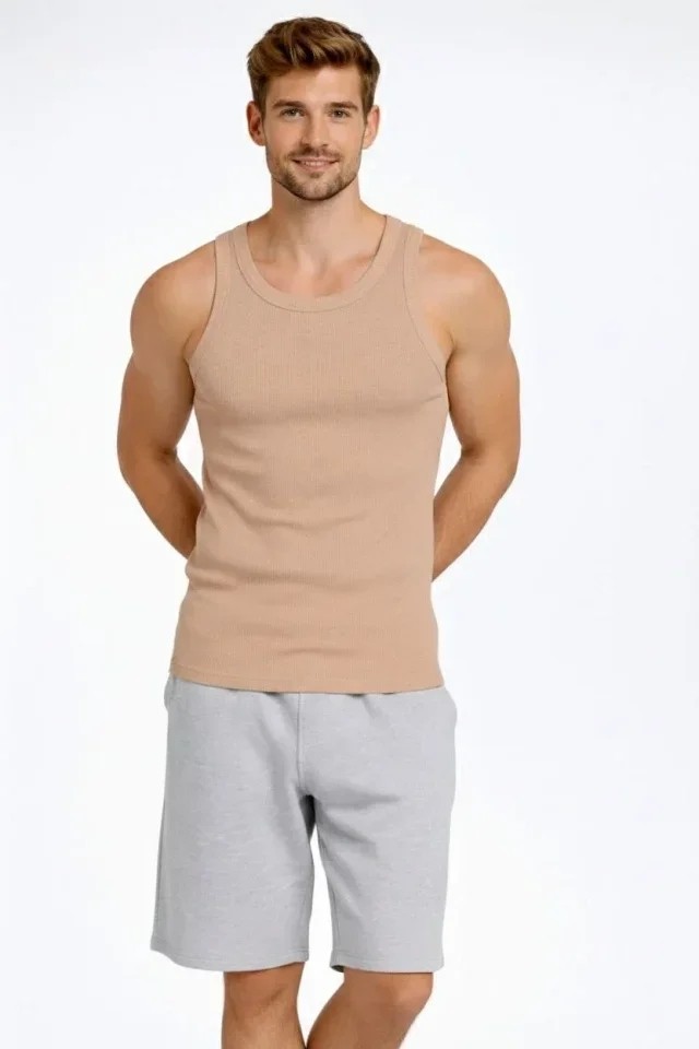 Erkek Fitilli Atlet Sıfır Yaka Slim Fit Arka Baskılı Spor Atlet - Bej görsel 4