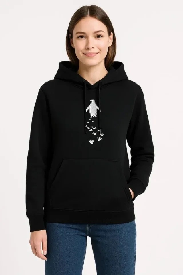Nihilist Penguen Temalı Oversize Kapüşonlu Sweatshirt - Siyah