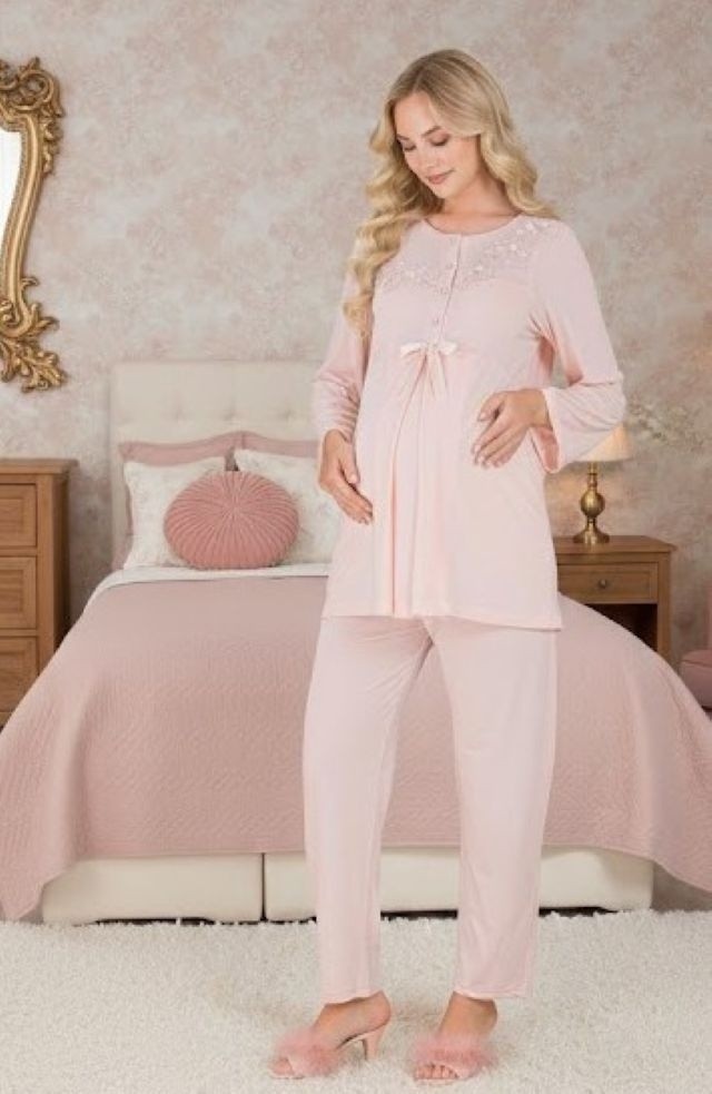 raia Yeni Sezon Pudra Emzirme Özellikli Ispanyol Kol Tasarım Hamile Lohusa Sabahlık Pijama Takımı 3'lü Set görsel 5