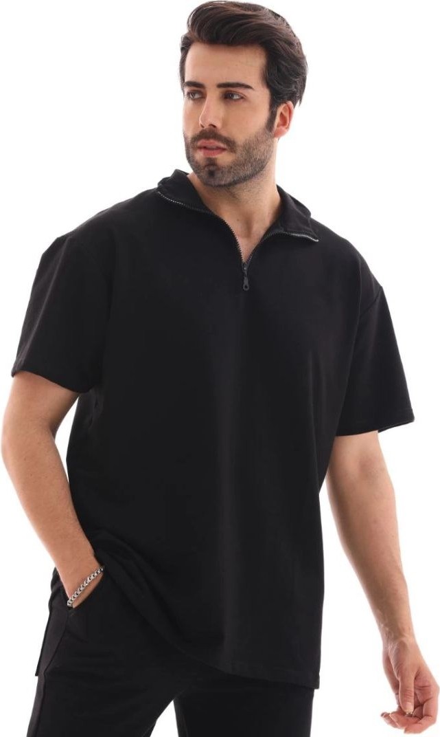 Fantastik Store Erkek Yarım Fermuarlı Düz Oversize T-Shirt - Siyah