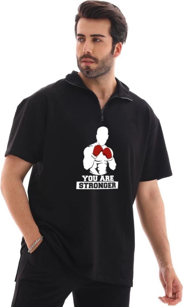 Fantastik Store Erkek Yarım Fermuarlı Oversize Baskılı T-Shirt - Siyah