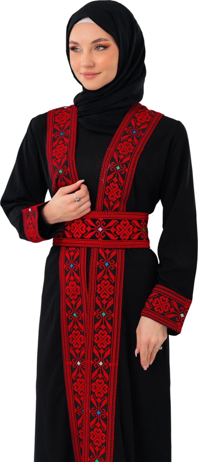 Zaytoon Ferace Filistin Geleneksel Nakışlı Uzun Siyah Abaya Kırmızı Renkli görsel 3