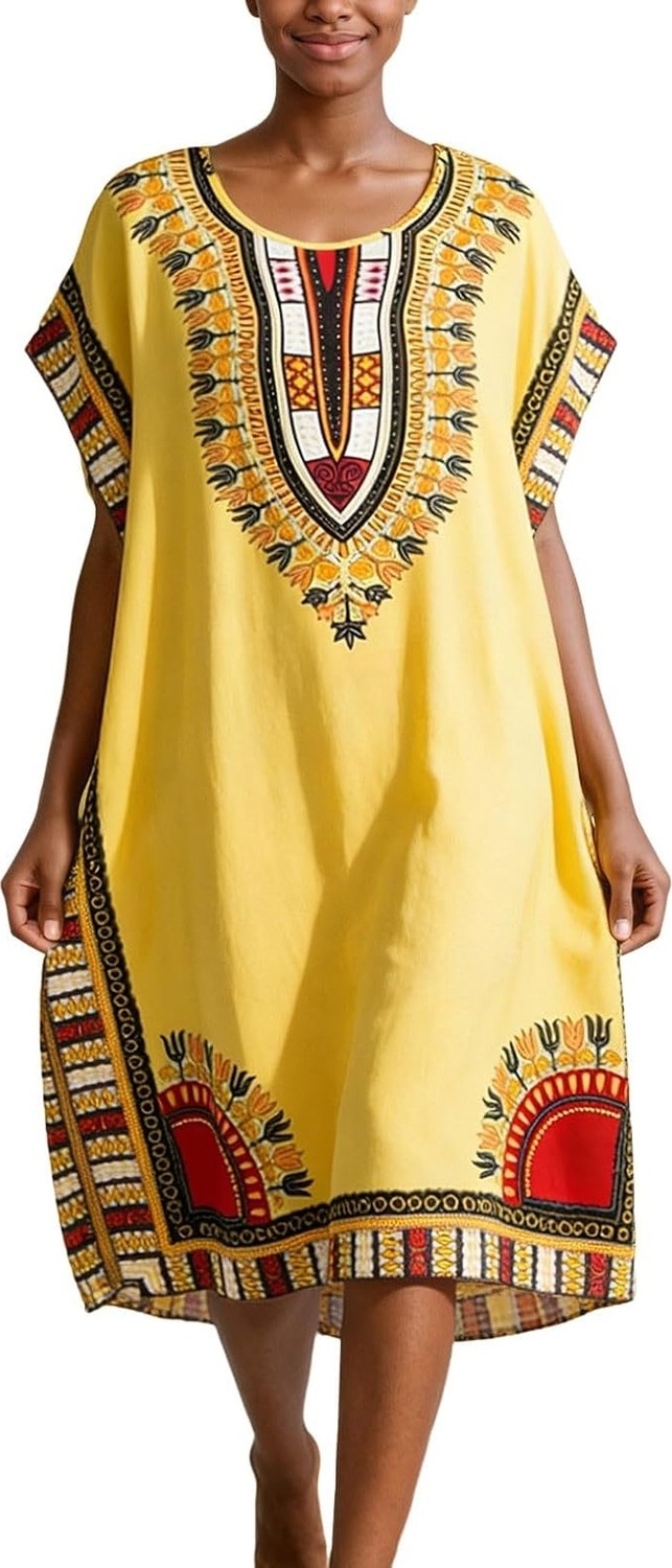 Ata Afrika Desenli Kaftan Elbise, Bol Kesim Dashiki Tunik Elbise, Günlük Etnik Desenli Kaftan Ev Elbisesi, Yazlık Rahat