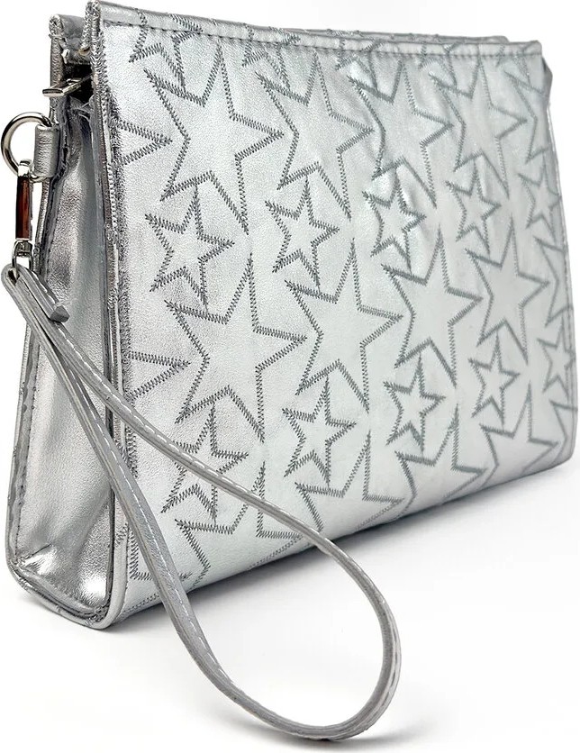 Glondy Sasha Suni Deri Yıldız Desenli Clutch Kadın Portföy El Çantası - Silver