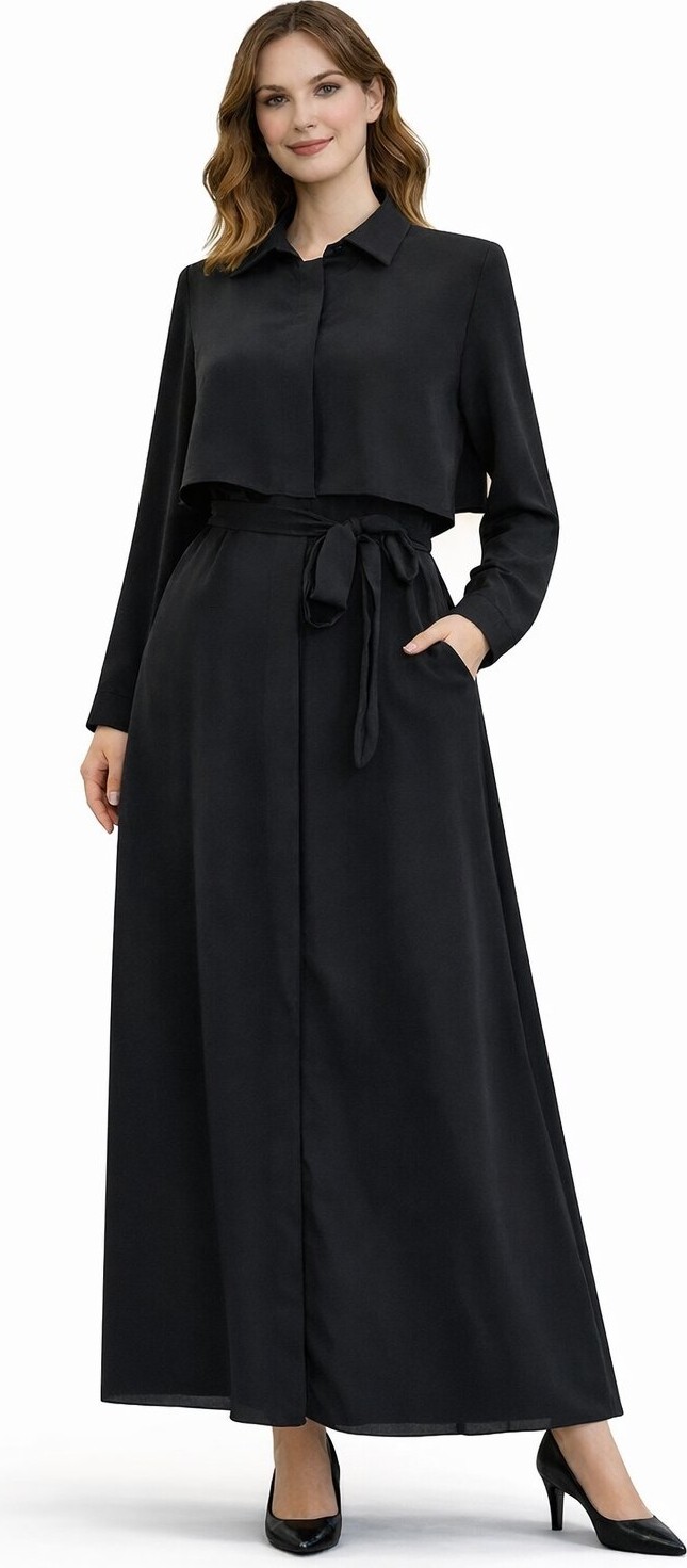 Fresh Moda Kadın Tesettür Kuşaklı Cepken Detaylı Günlük Modern Kesim Ferace görsel 4