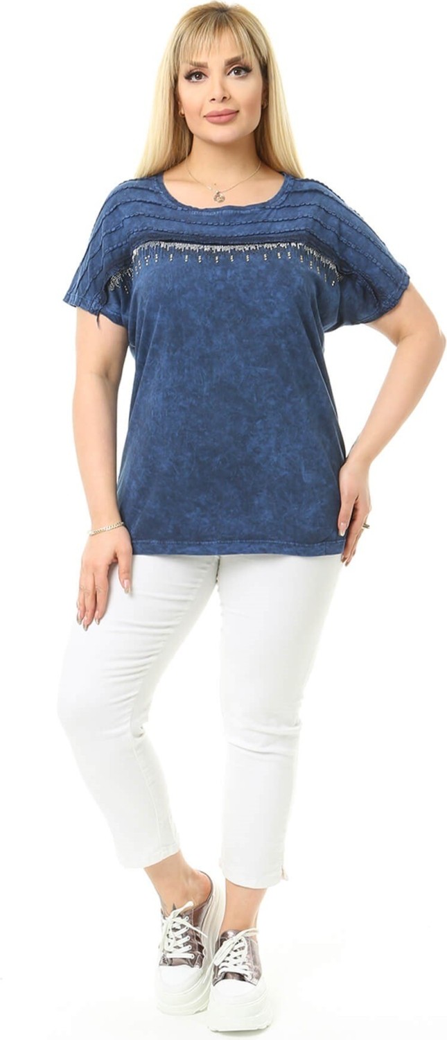 Mia Butik Büyük Beden Lacivert Omuzları Taş Detaylı Bluz görsel 2