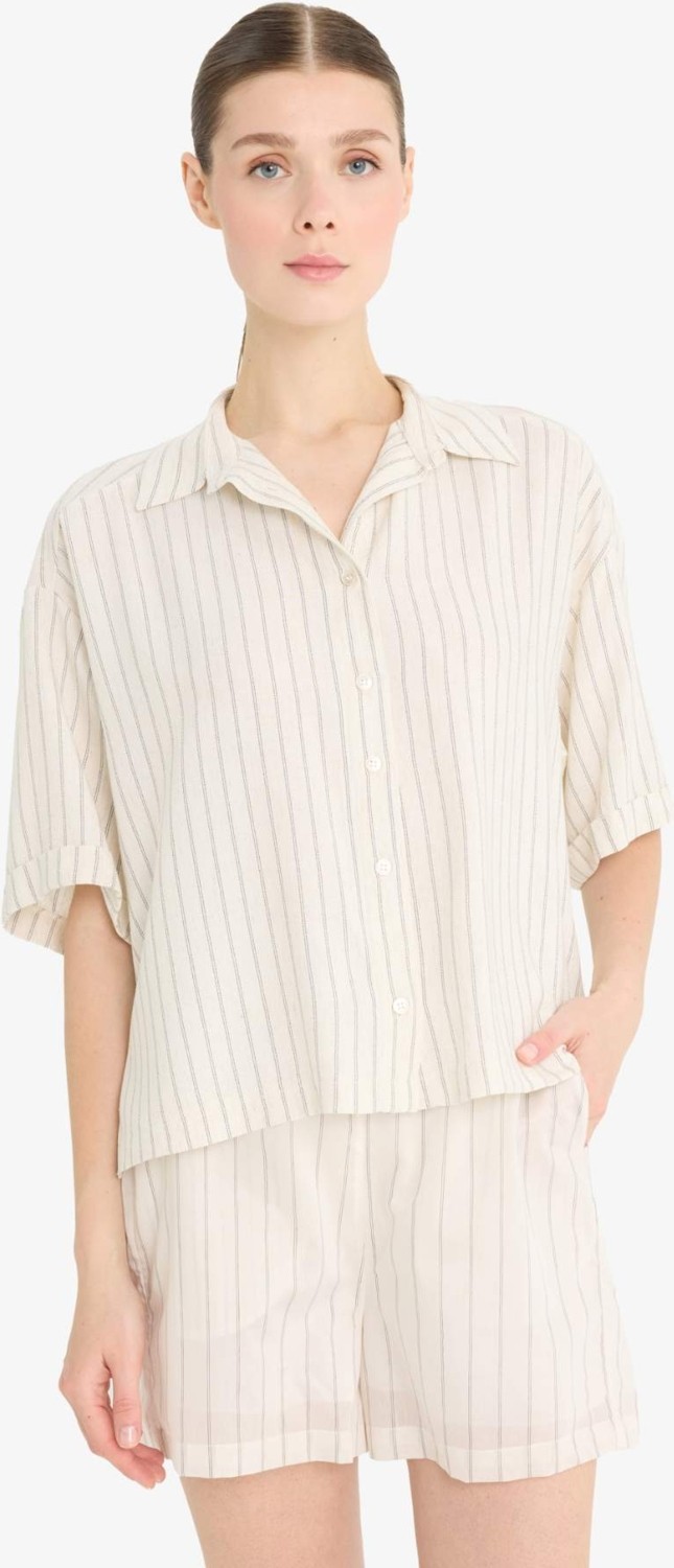 DeFacto Loose Fit Çizgili Keten Karışımlı Kısa Kollu Gömlek F5546AX25SM görsel 4