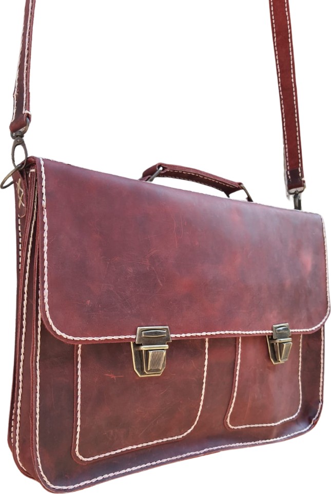 Semiramis Zeus Model Deri El Yapımı Çift Körüklü Vintage Unisex Bordo Evrak Çantası