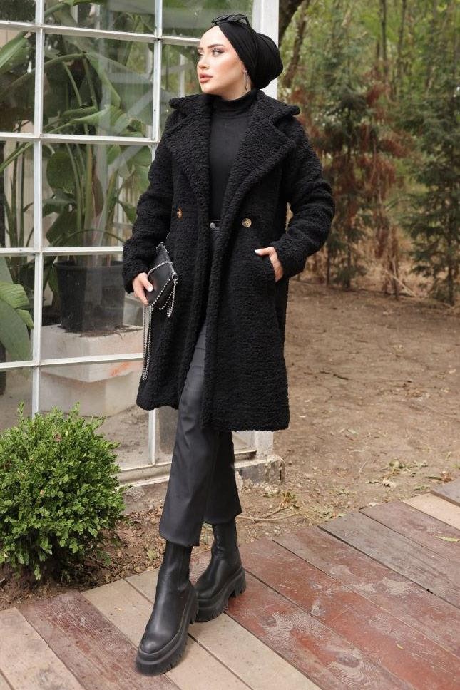 Hafsa Mina Fleto Siyah Cepli Peluş Mont Kadın Uzun Kol Astar ile Şık ve Sıcak Dokuma