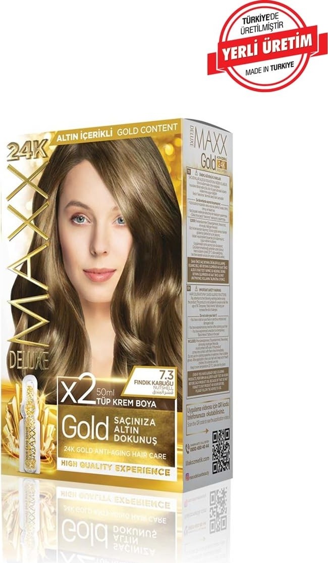 Esranın Dünyası Maxx Deluxe Gold Serisi 24K Altın Parçacıklı Serum ile 1 Kutu 2 x 50 ml ve Geliştiriciler Saç Boyası (Fındık Kabuğu 7.3) görsel 3