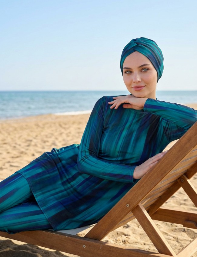Qymos Prive Qymos Prıve Batik Desenli Güneş Geçiren & Bronzlaştıran Hava Geçirgen Bone ve Eşarplı Tesettür Mayo görsel 8