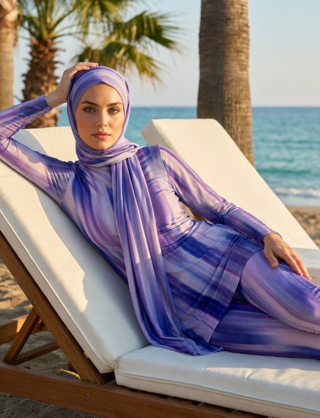 Qymos Prive Batik Desenli Güneş Geçiren & Bronzlaştıran Hava Geçirgen Bone ve Eşarplı Tesettür Mayo