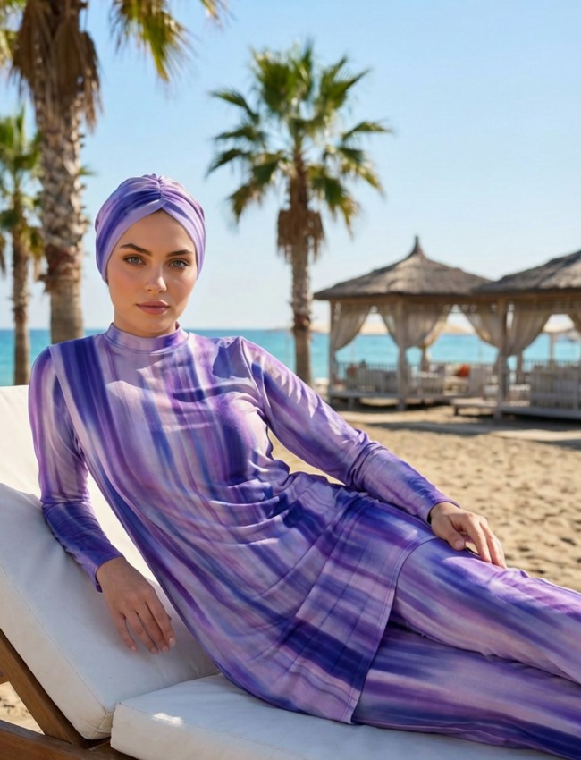 Qymos Prive Batik Desenli Güneş Geçiren & Bronzlaştıran Hava Geçirgen Bone ve Eşarplı Tesettür Mayo görsel 6