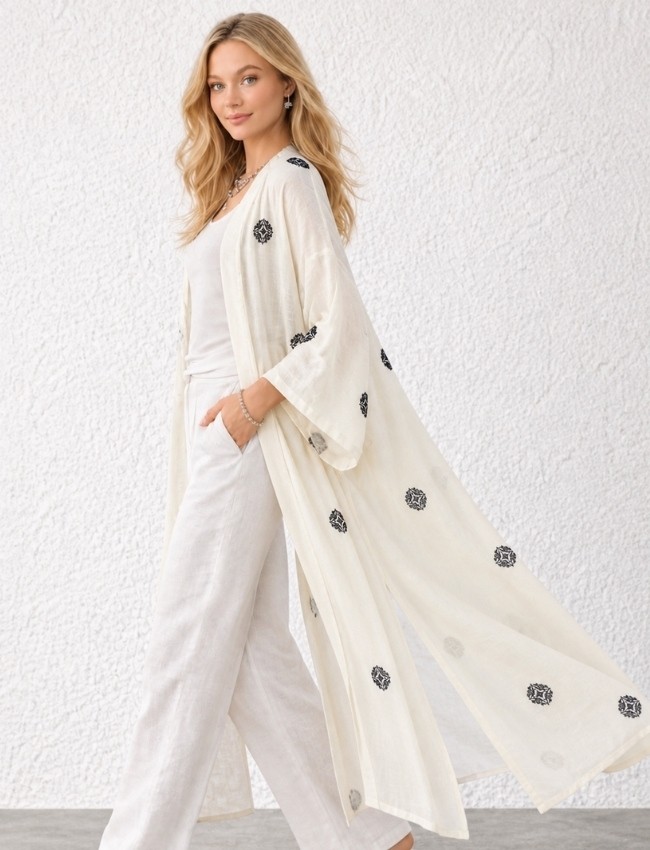 Qymos Prive Ekru Etnik Desenli Uzun Kimono, Keten, Kuşaklı, Yazlık Rahat Şık Yumuşak Dokulu Kimono Kaftan Pareo