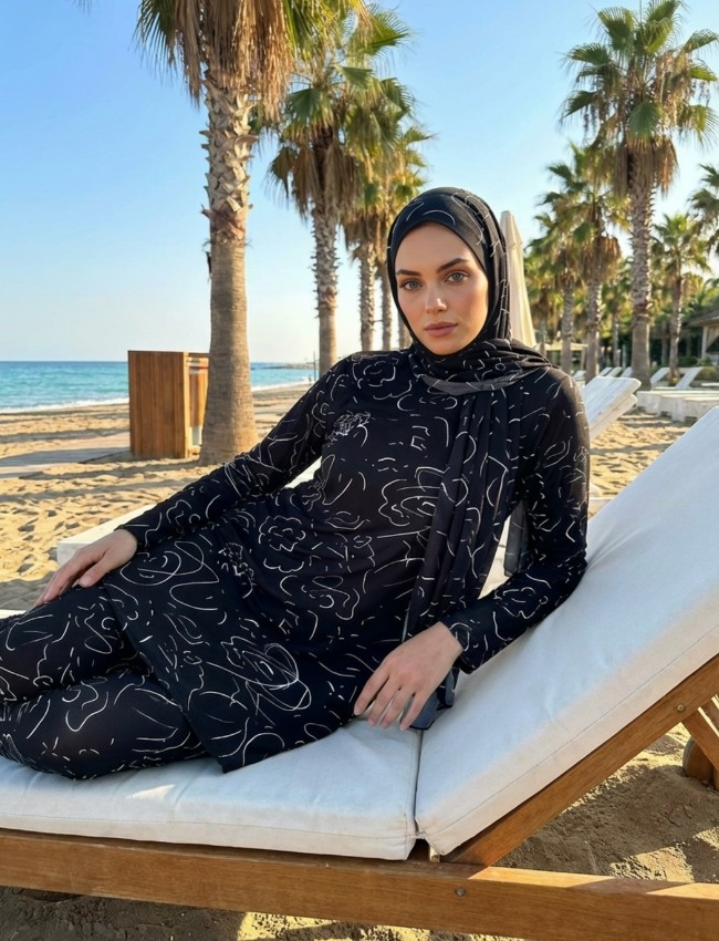 Qymos Prive Qymos Prıve Batik Desenli Güneş Geçiren & Bronzlaştıran Hava Geçirgen Bone ve Eşarplı Tesettür Mayo