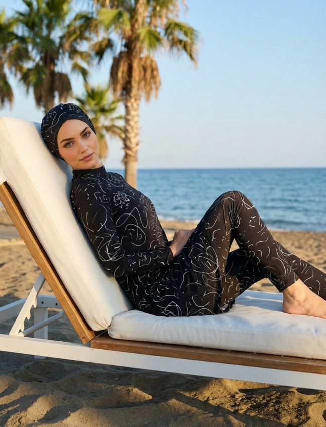 Qymos Prive Qymos Prıve Batik Desenli Güneş Geçiren & Bronzlaştıran Hava Geçirgen Bone ve Eşarplı Tesettür Mayo görsel 3