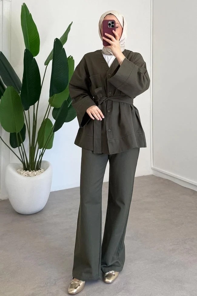 Miraydin Butik Kadın V Yaka Bel Bağlamalı Pantolon Takım M61814 - Siyah