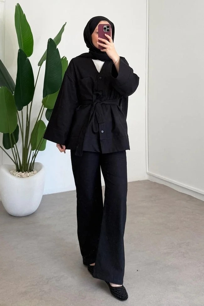 Miraydin Butik Kadın V Yaka Bel Bağlamalı Pantolon Takım M61814 - Siyah görsel 5