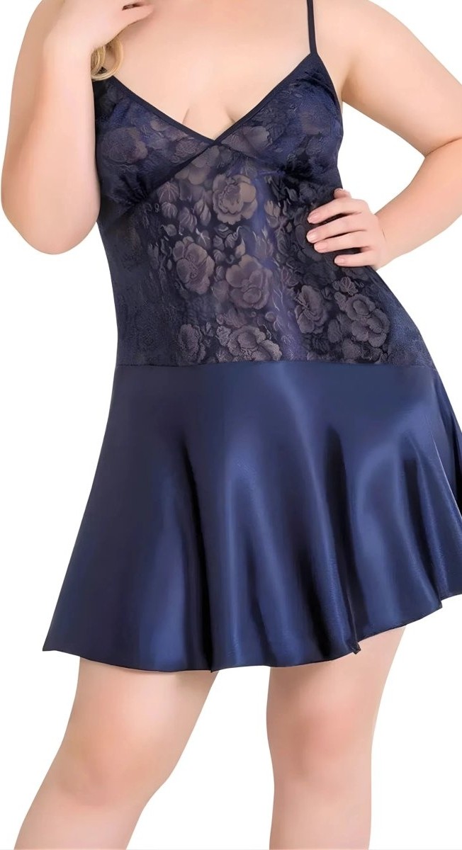 mery Büyük Beden Lacivert Saten Mini Gecelik Zarif Kadın Gece Elbisesi Mery Woman