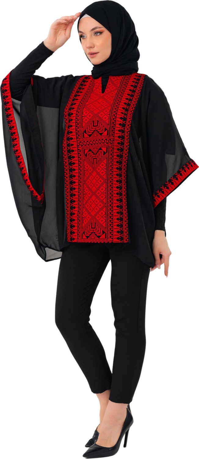 Zaytoon Tesettür Panço Filistin Nakışlı Bol Kollu Oversize Kadın Kap Ponço Freesize görsel 3