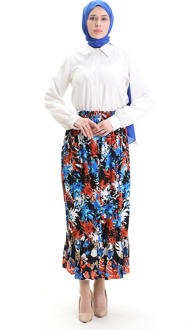 Sefa Merve Viskon Kumaş Beli Lastikli Fırfırlı Etek 2012G-02 Saks