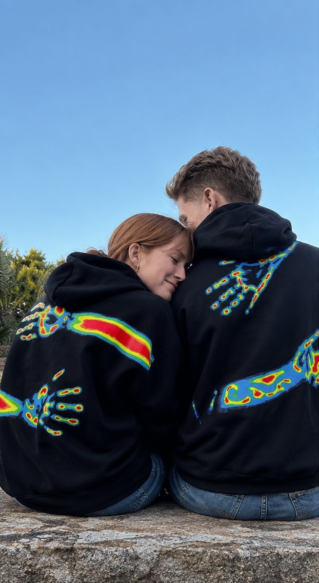 Macklin Sevgili - Arkadaş Çift Kombini Sarılan Eller Sırt Baskılı Özel Tasarım Kapüşonlu Sweatshirt 2li Takım görsel 2