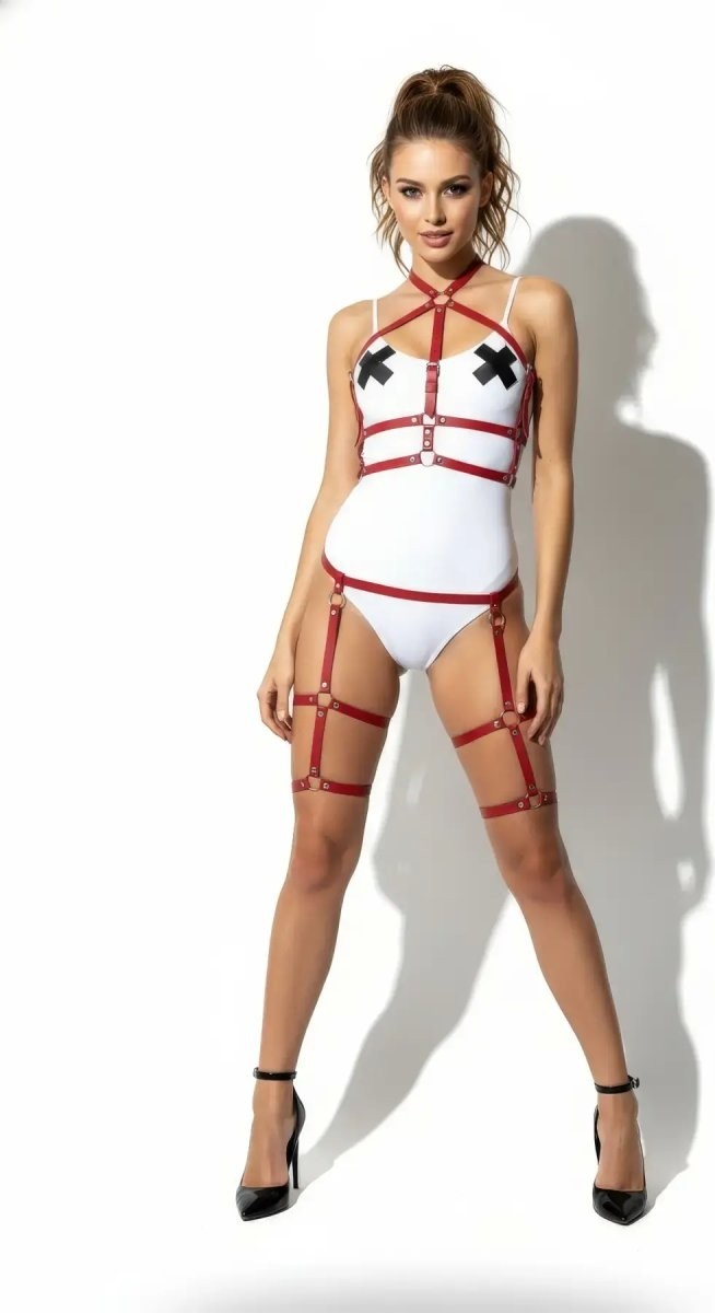 Hace Bazaar Kırmızı Harness Takım Deri Bantlı Vücut Jartiyer Seti - BRF272
