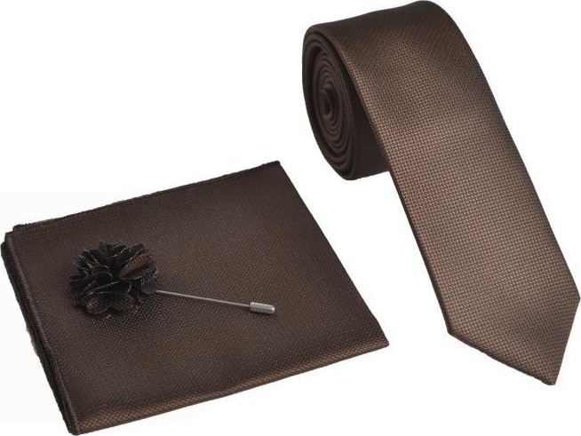 Brianze Kahverengi Kravat Mendil Yaka Çiçeği Set %100 Microfiber Desenli Şık Erkek Aksesuarı görsel 3