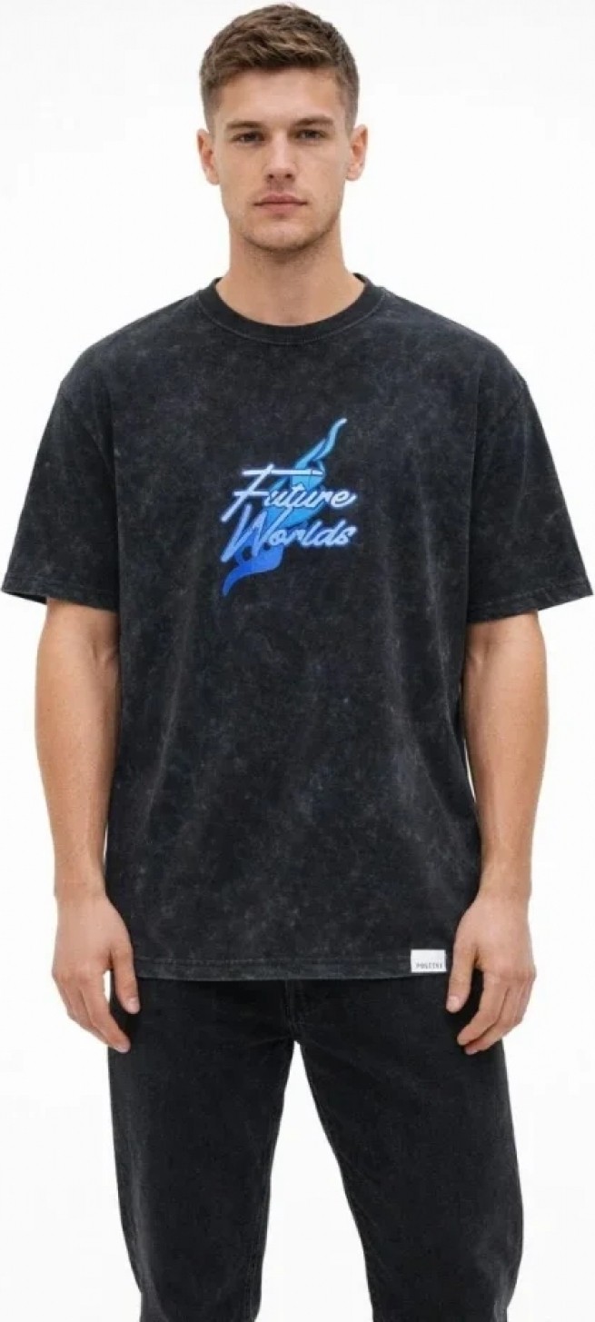Pileli Store Erkek Asit Yıkamalı Oversize Tişört Future Worlds Baskılı Bisiklet Yaka Kısa Kollu Streetwear %100 Pamuk Street Style T-Shirt - Siyah görsel 2