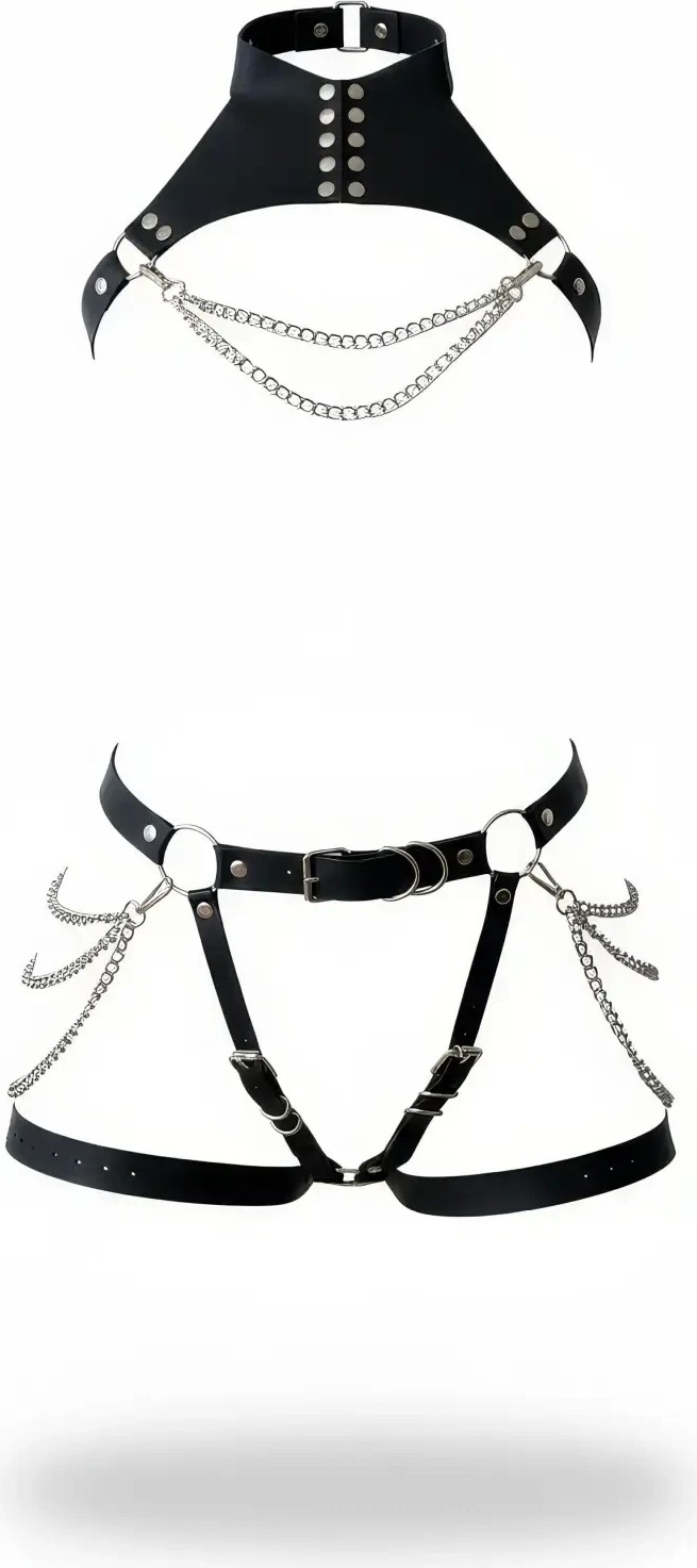 Nemere Siyah Jartiyer Harness Zincir Detaylı Deri Ikili Takım - APFT1369