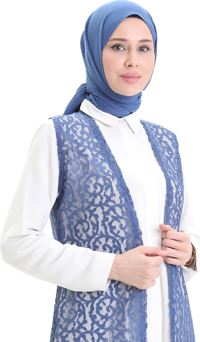 Sefa Merve Dantelli Uzun Yelek 8742-03 Mavi görsel 3