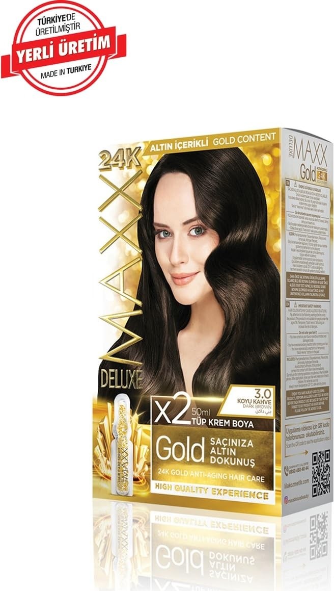 Aesco Maxx Deluxe Gold Serisi 24K Altın Parçacıklı Serum ile 1 Kutu 2 x 50 ml ve Geliştiriciler Saç Boyası (Koyu Kahve 3.0) görsel 3