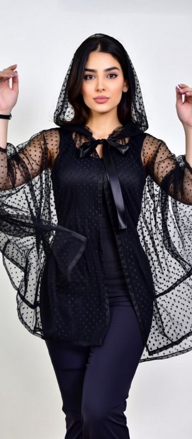 Moda Nur Pelerin, Kapşonlu Pelerin, Siyah Renk , Desenli Tül Gelin Pelerin. 85 cm görsel 4
