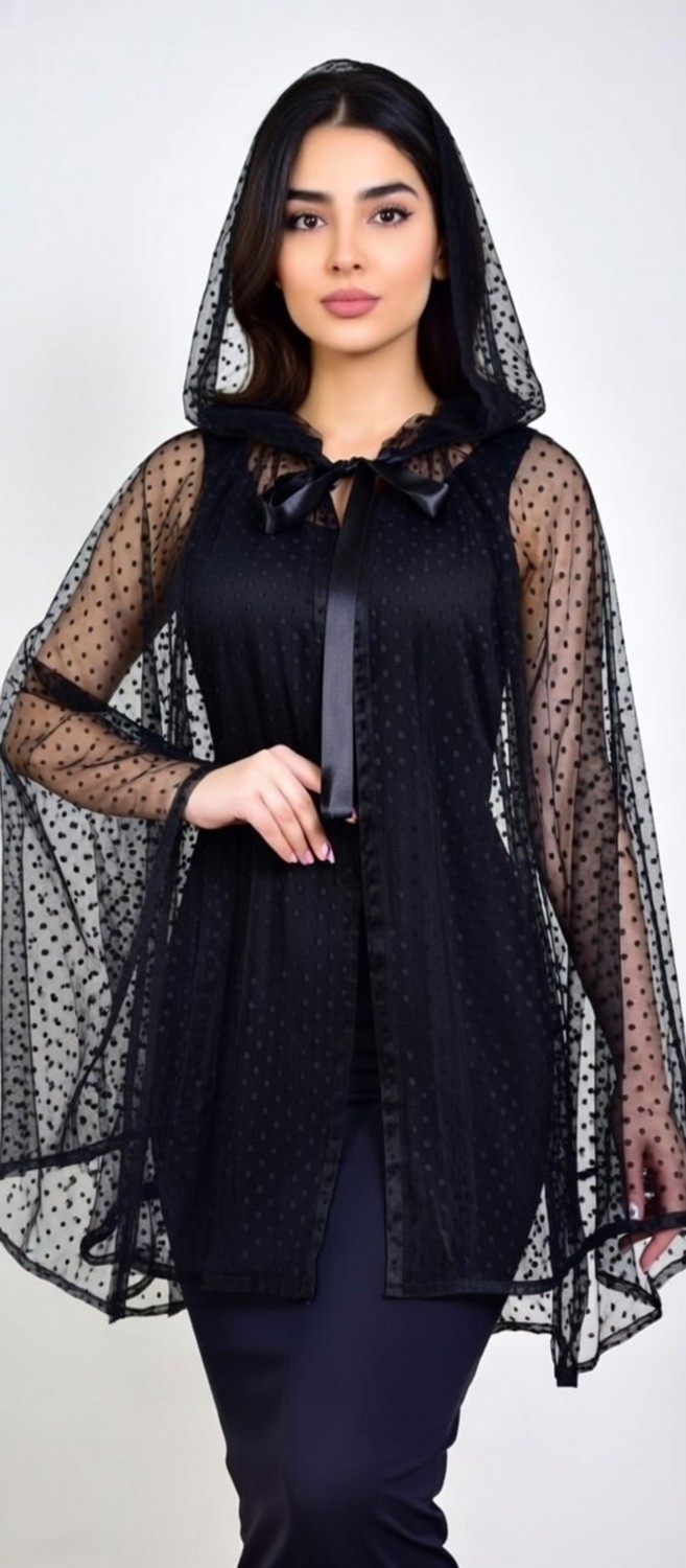 Moda Nur Pelerin, Kapşonlu Pelerin, Siyah Renk , Desenli Tül Gelin Pelerin. 85 cm görsel 5