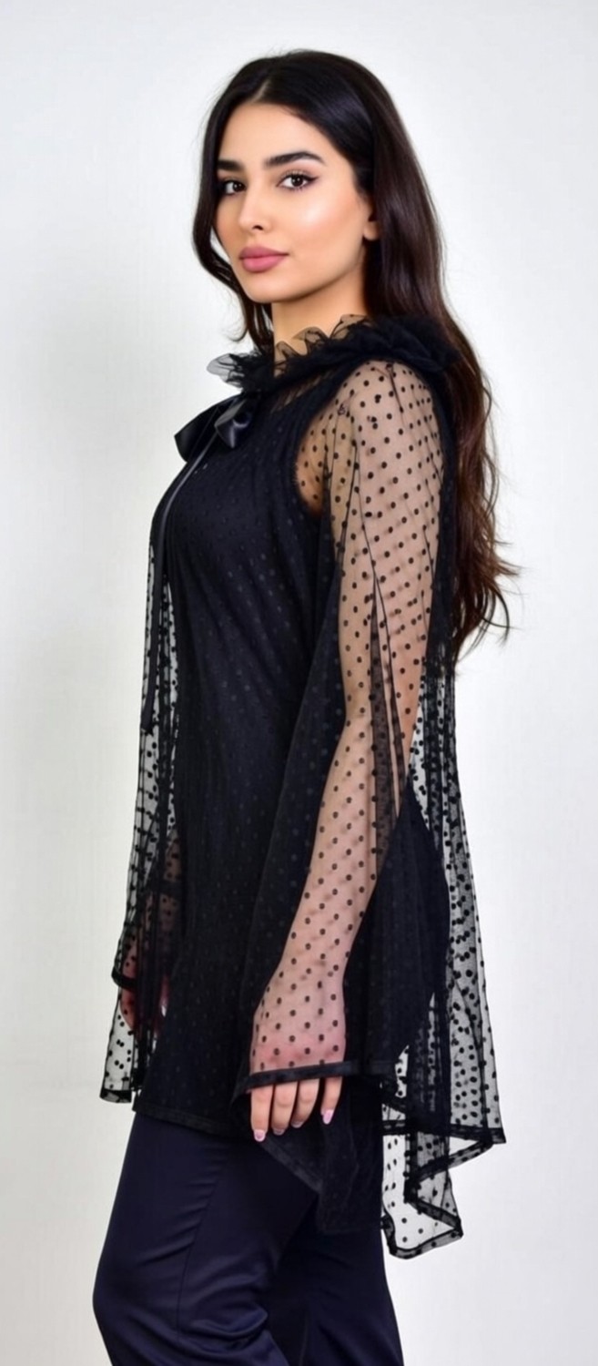 Moda Nur Pelerin, Kapşonlu Pelerin, Siyah Renk , Desenli Tül Gelin Pelerin. 85 cm görsel 6